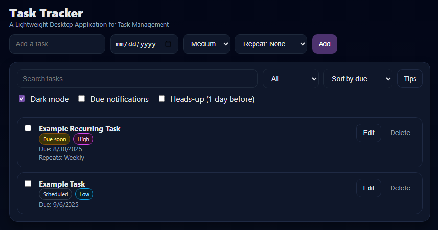 Screenshot of Task Tracker app